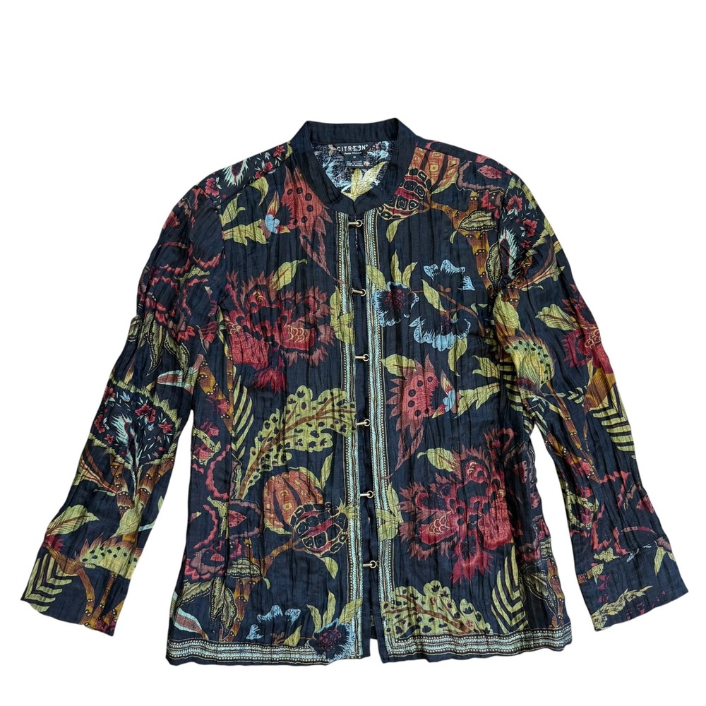 Citron Santa Monica Linen Blend Floral Crinkle Jacket Mandarin Collar Black S